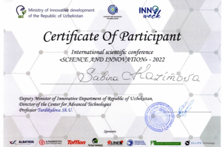 The head of the RSSC department was awarded a certificate of the International Conference &quot;Science and Innovation&quot; held in Uzbekistan