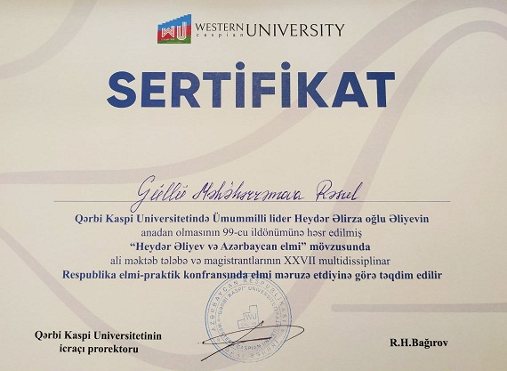 RSXM-nin əməkdaşı Qərbi Kaspi Universiteti tərəfindən sertifikatla təltif edilib