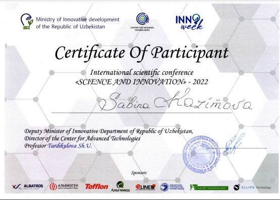 Руководитель отдела РЦСС награжден сертификатом Международной конференции «Наука и инновации», прошедшей в Узбекистане