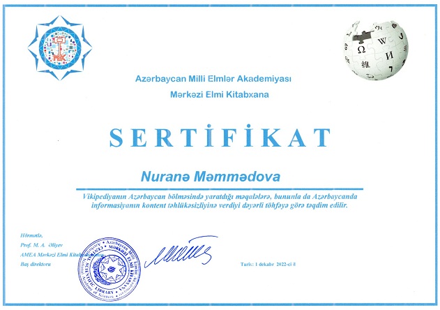 An employee of the “Information” department of the RSSC was awarded a diploma and a certificate for successful participation in trainings on Wikipedia